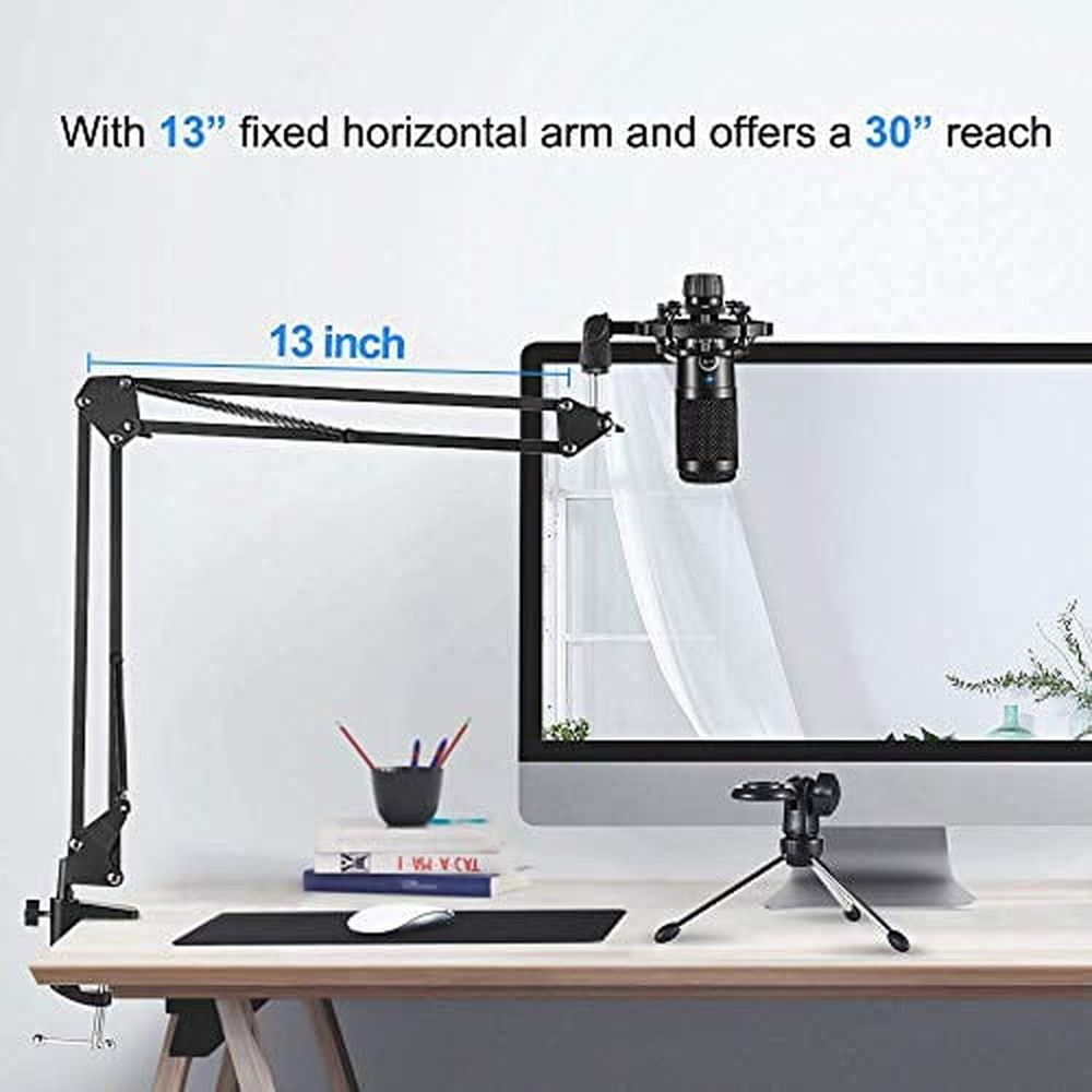 USB Condenser Microphone Bundle Kit,192KHZ/24BIT Professional Cardioid Computer Mic with Adjustable Scissor Arm Stand Shock Mount and Gain Knob for Recording,for Podcasting,Gaming, (Black)