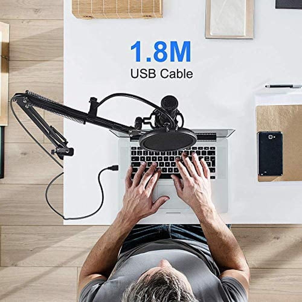 USB Condenser Microphone Bundle Kit,192KHZ/24BIT Professional Cardioid Computer Mic with Adjustable Scissor Arm Stand Shock Mount and Gain Knob for Recording,for Podcasting,Gaming, (Black)