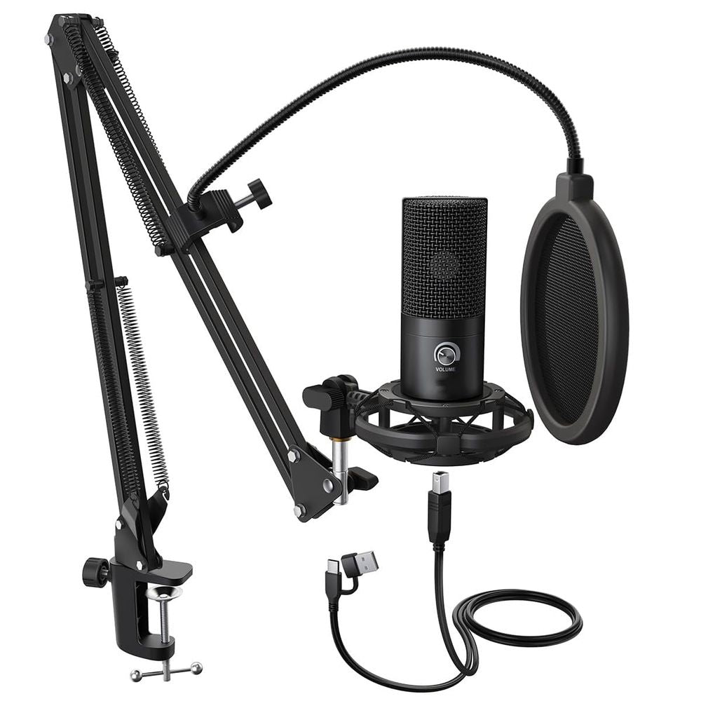 Studio Condenser USB Microphone Computer PC Microphone Kit with Adjustable Boom Arm Stand Shock Mount for Instruments Voice Overs Recording Podcasting Vocal Gaming Streaming-T669