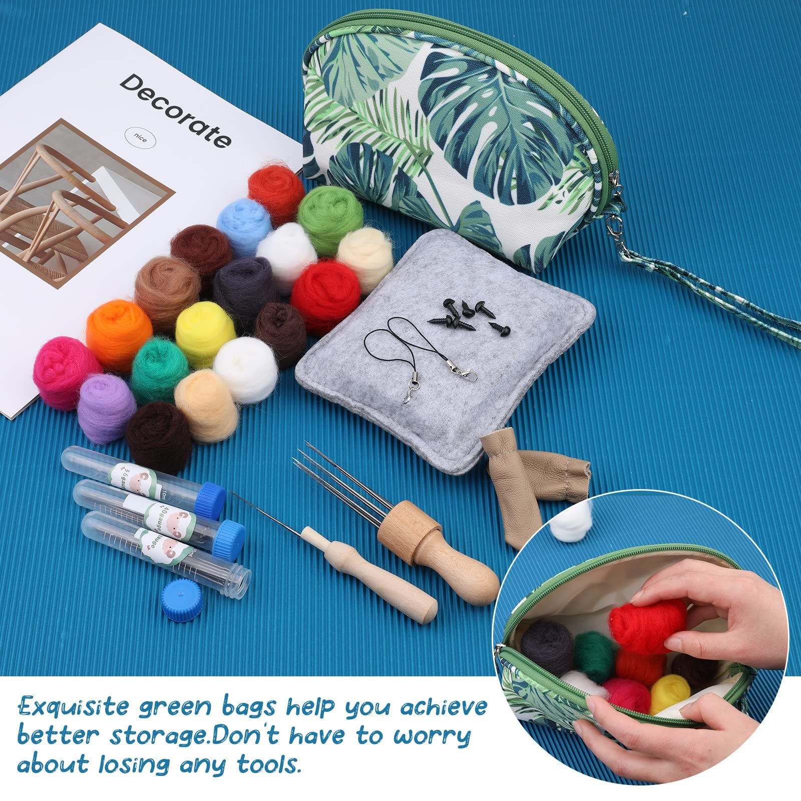 Needle Felting Kit, Needle Felting Starter Kit with Exquisite Green Storage Bag, Wool Roving 18 Colors Set, Needle Felting Tools Kit, Wool Felt Tools for Felted Animal Needle Felting Supplies