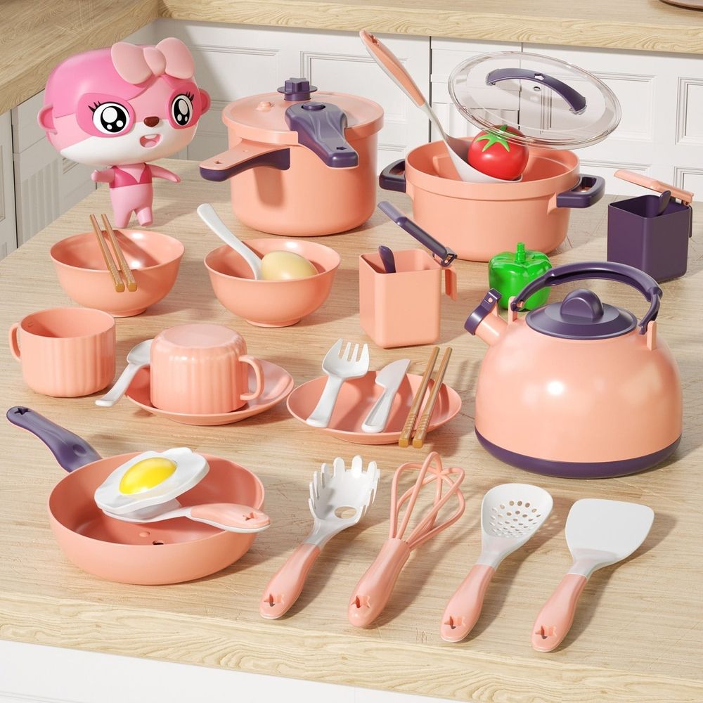 38Pcs Kids Kitchen Toy Accessories, Toddler Pretend BBQ Camping Cooking Playset, Play Pots, Pans, Utensils Cookware Toys, Play Food Set, Learning Gift for Girls Boys