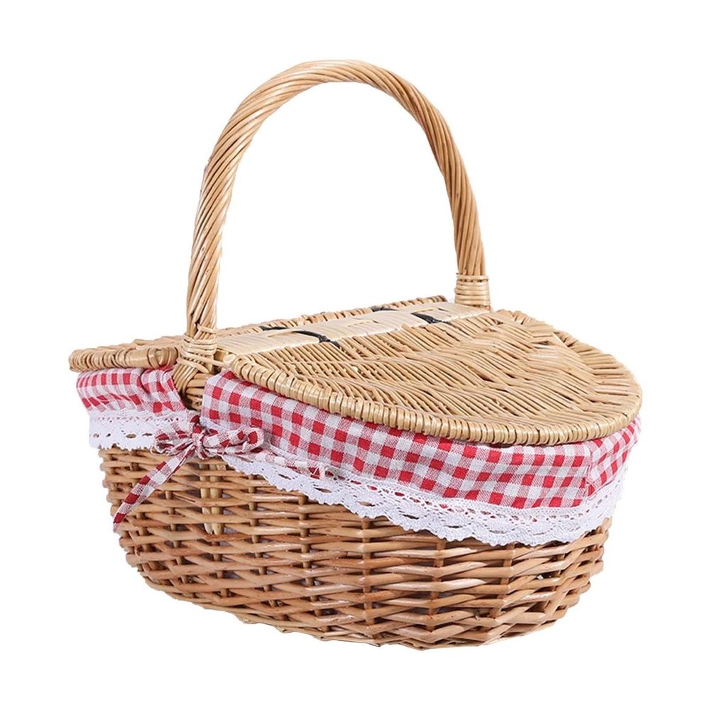 Wicker Picnic Basket with Liner Wooden Split Lid Picnic Basket Vintage Style Picnic Hamper with Folding Woven Handle for Picnic Camping Outdoor Food Storage Kitchen Gadgets Khaki