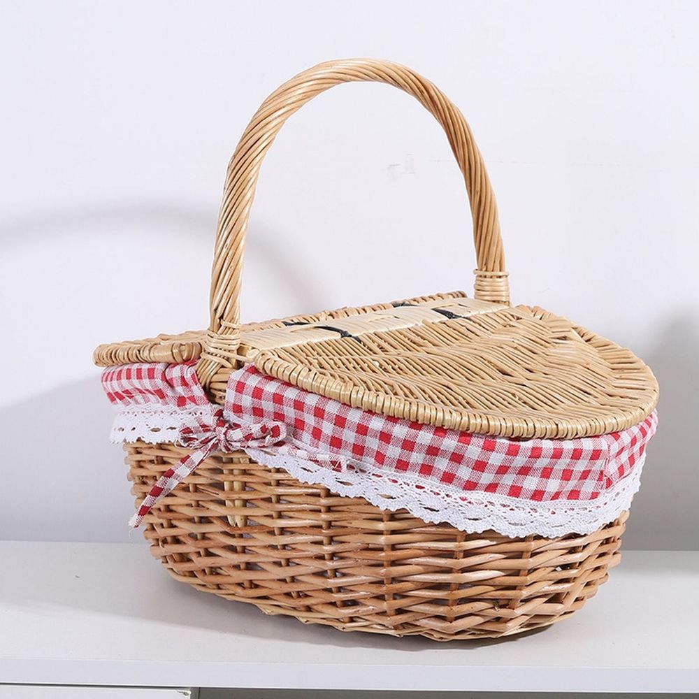 Wicker Picnic Basket with Liner Wooden Split Lid Picnic Basket Vintage Style Picnic Hamper with Folding Woven Handle for Picnic Camping Outdoor Food Storage Kitchen Gadgets Khaki
