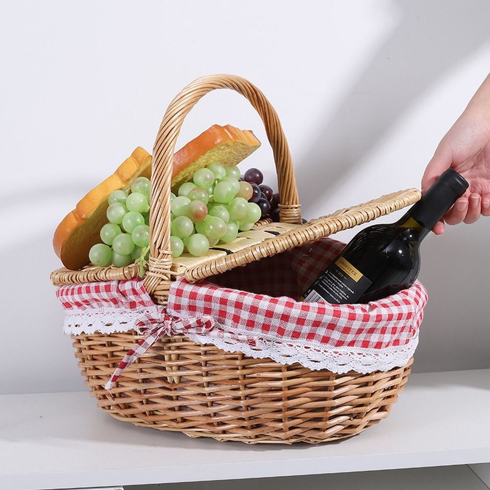 Wicker Picnic Basket with Liner Wooden Split Lid Picnic Basket Vintage Style Picnic Hamper with Folding Woven Handle for Picnic Camping Outdoor Food Storage Kitchen Gadgets Khaki