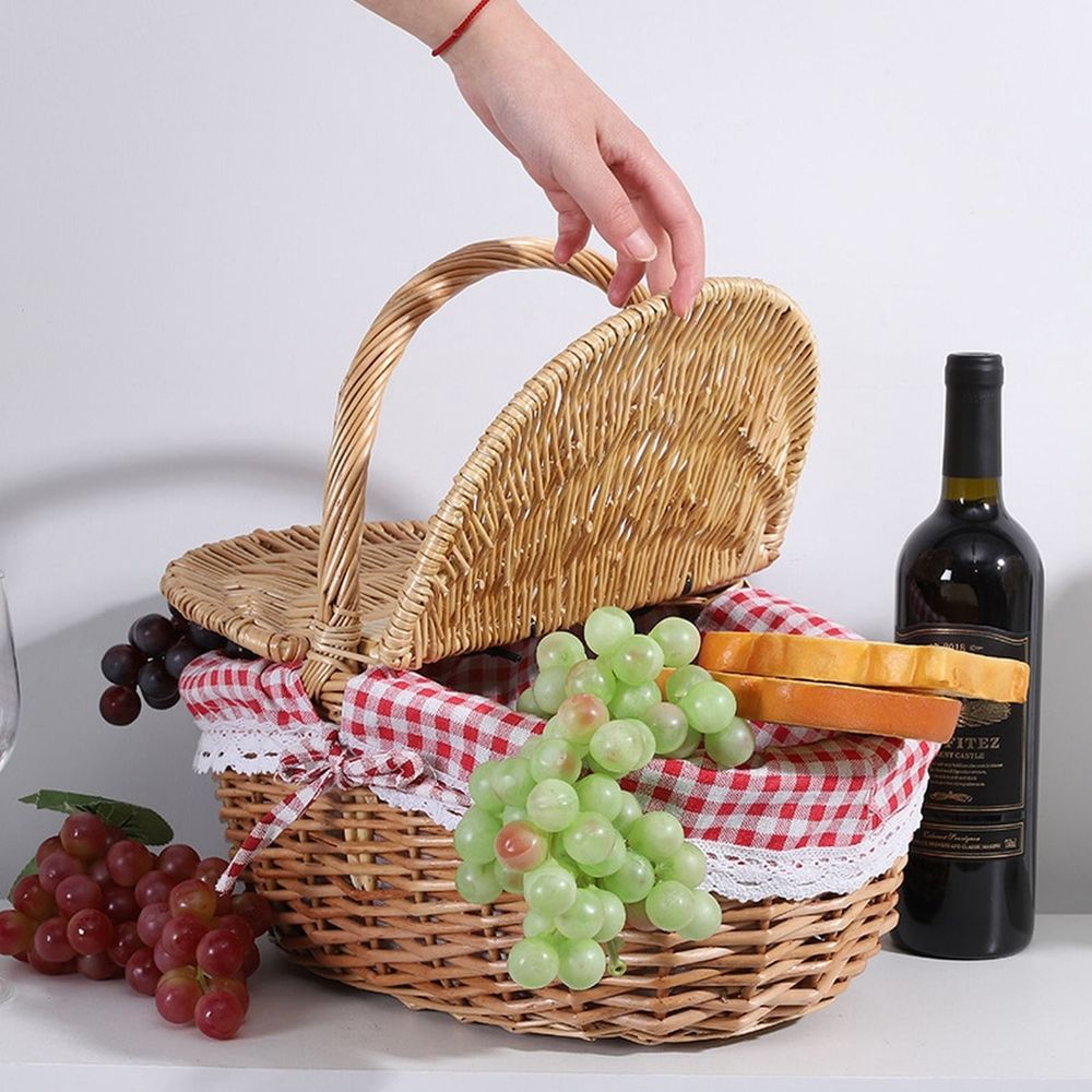 Wicker Picnic Basket with Liner Wooden Split Lid Picnic Basket Vintage Style Picnic Hamper with Folding Woven Handle for Picnic Camping Outdoor Food Storage Kitchen Gadgets Khaki