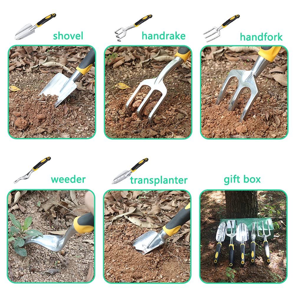 5 Piece Garden Garden Tools Kit，Gardening Tools with Non-Slip Rubber Grip, Transplanter, Cultivator and More，Ideal Garden Kit Gifts for Parents and Kids