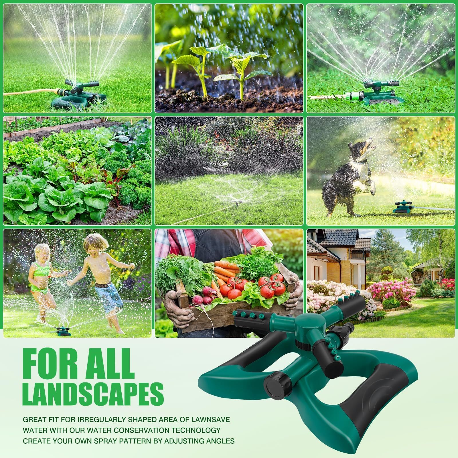 Courtyard watering tool, large area rotating garden watering tool, lawn and courtyard watering tool (green)