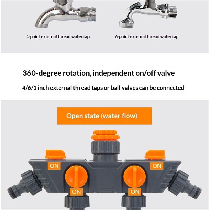 4-Way Distributor, 4 Ports, Orange, Metal/Plastic, Ball Valve, Garden Valve, Connector, Distributor