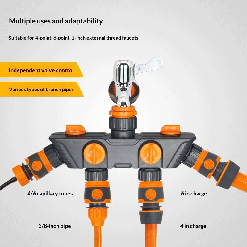 4-Way Distributor, 4 Ports, Orange, Metal/Plastic, Ball Valve, Garden Valve, Connector, Distributor