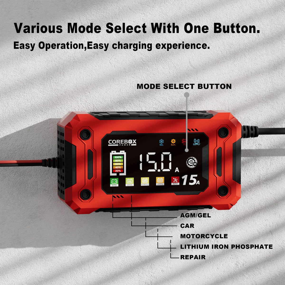 15-Amp Battery Charger, 12V  Lithium iron phosphate battery Car Battery Charger Trickle Charger Smart Battery Maintainer w/Temp Compensation for Car Truck Lawn Mower Boat Marine