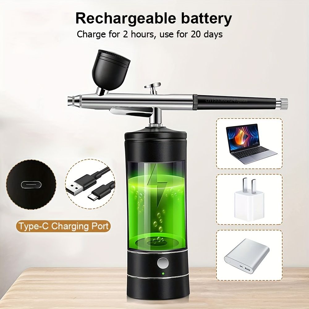 USB Rechargeable Airbrush Kit: Portable, Versatile, And Safe Compressor for Crafts, Tattoos, Cake Decorating & More with Cleaning Kit Lower waist 2-speed black pump + airbrush + 2 pots + brush