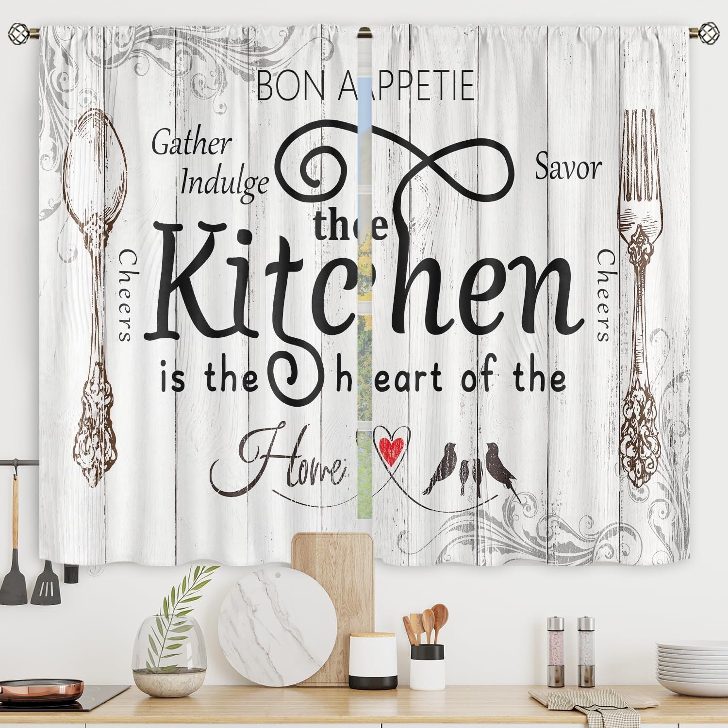 Kitchen Curtain 3-Piece Set - Gather & Savor Themed Window Drapes