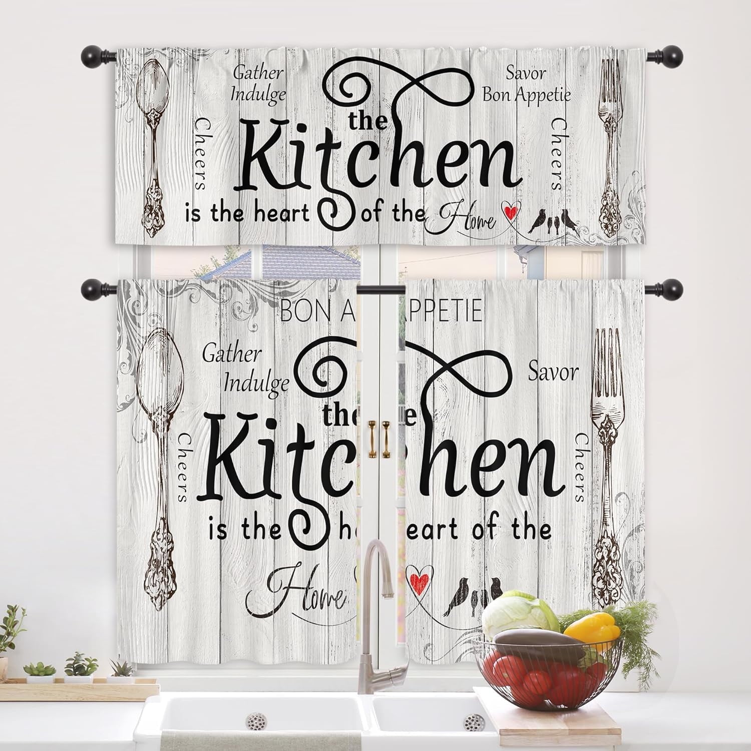 Kitchen Curtain 3-Piece Set - Gather & Savor Themed Window Drapes