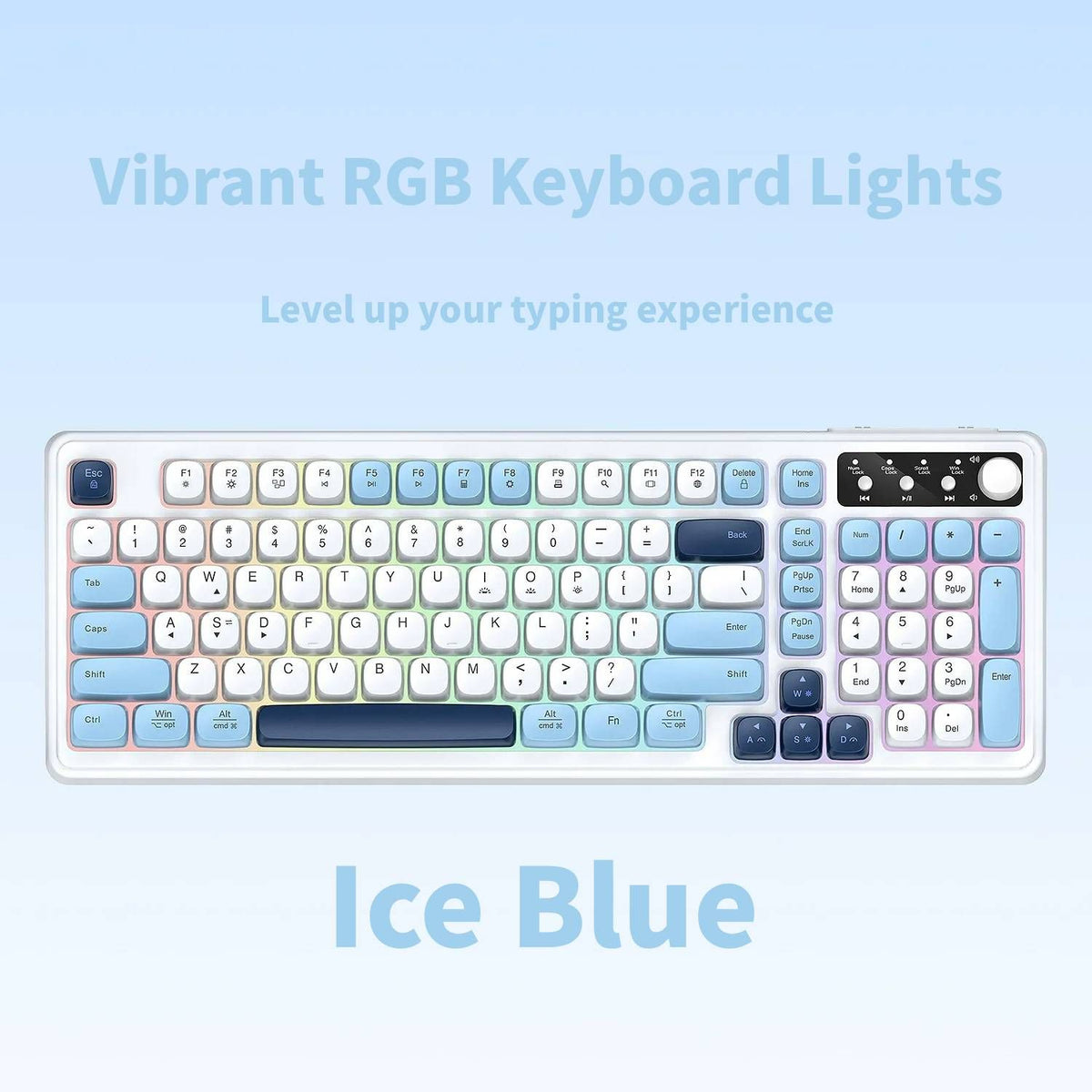 96% Tri-Mode Wireless Mechanical Keyboard, BT/2.4G/USB-C, RGB, Ice Blue