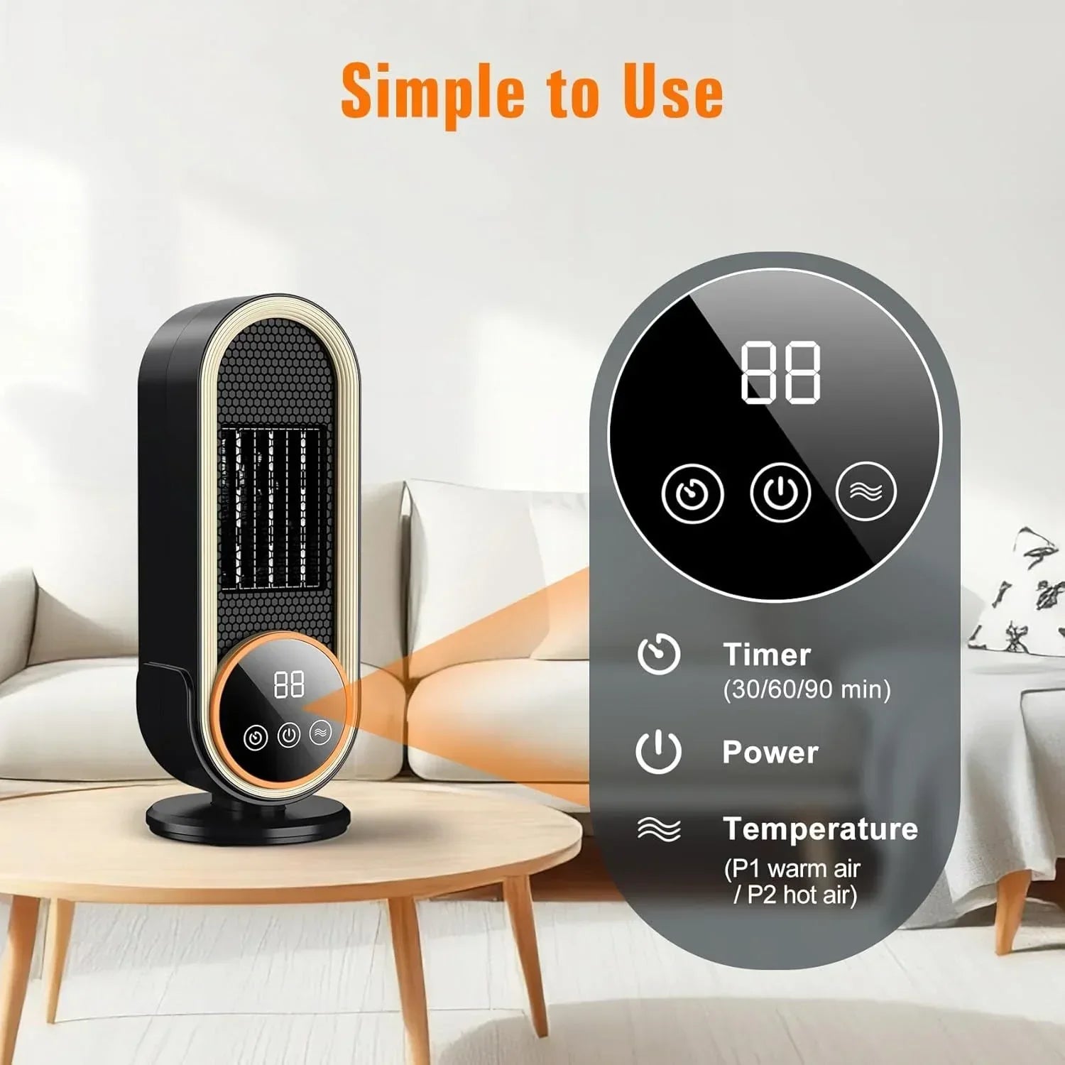 1200W PTC Space Heater – Fast Heating, Quiet, Safety Protection, Portable