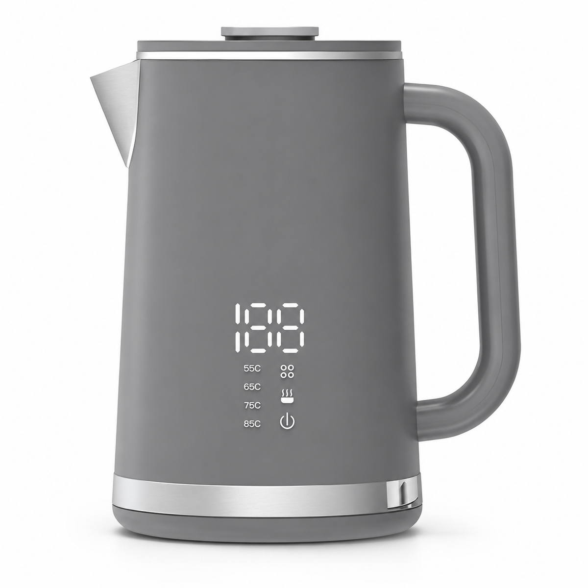 Gray electric kettle, 1.7L stainless steel kettle, 1500W rapid heating, with LED display, adjustable temperature, double-walled anti-scalding design, automatic power-off function, black.
