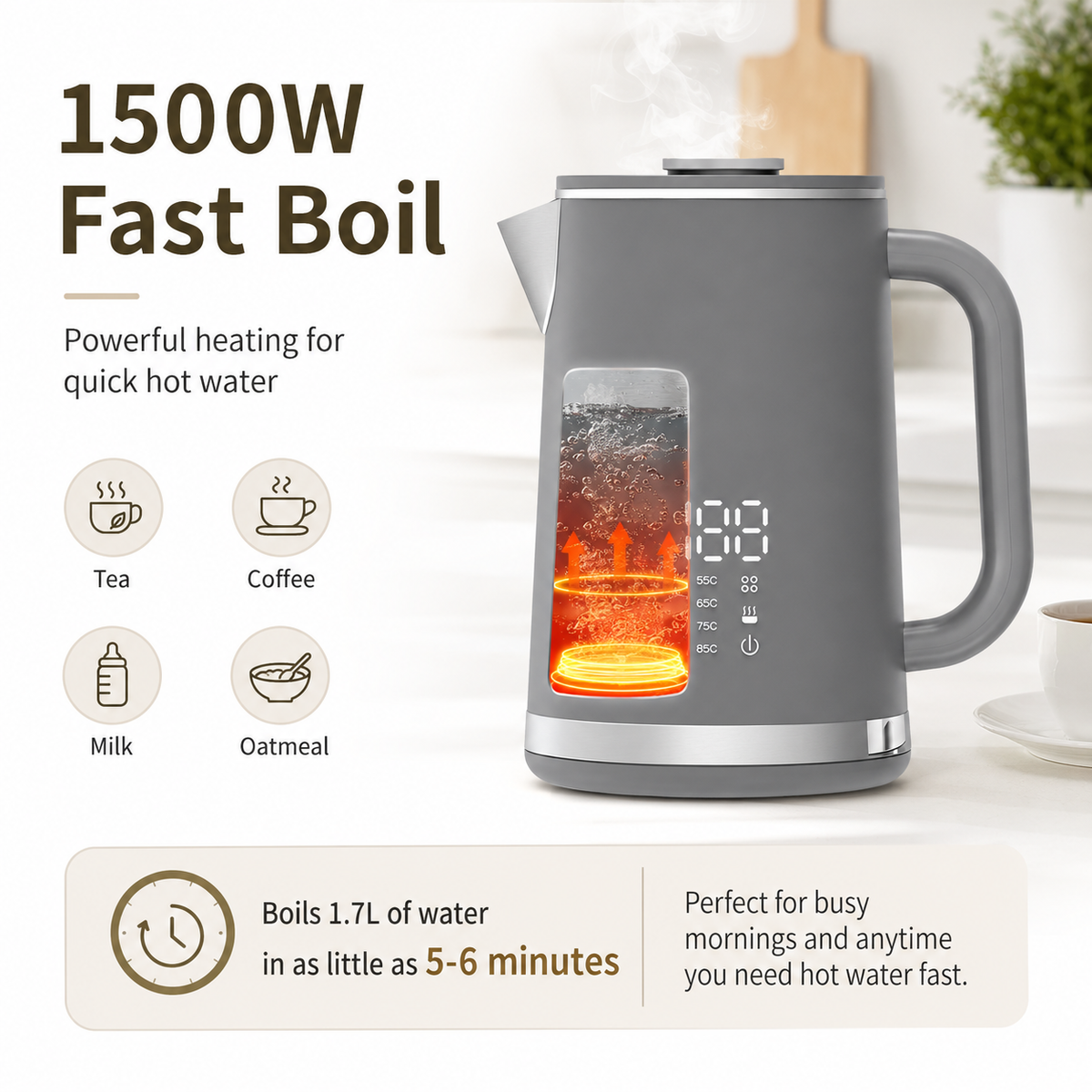 Gray electric kettle, 1.7L stainless steel kettle, 1500W rapid heating, with LED display, adjustable temperature, double-walled anti-scalding design, automatic power-off function, black.