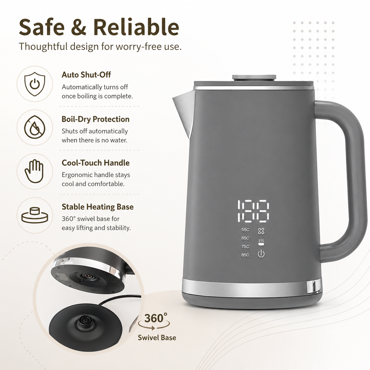 Gray electric kettle, 1.7L stainless steel kettle, 1500W rapid heating, with LED display, adjustable temperature, double-walled anti-scalding design, automatic power-off function, black.