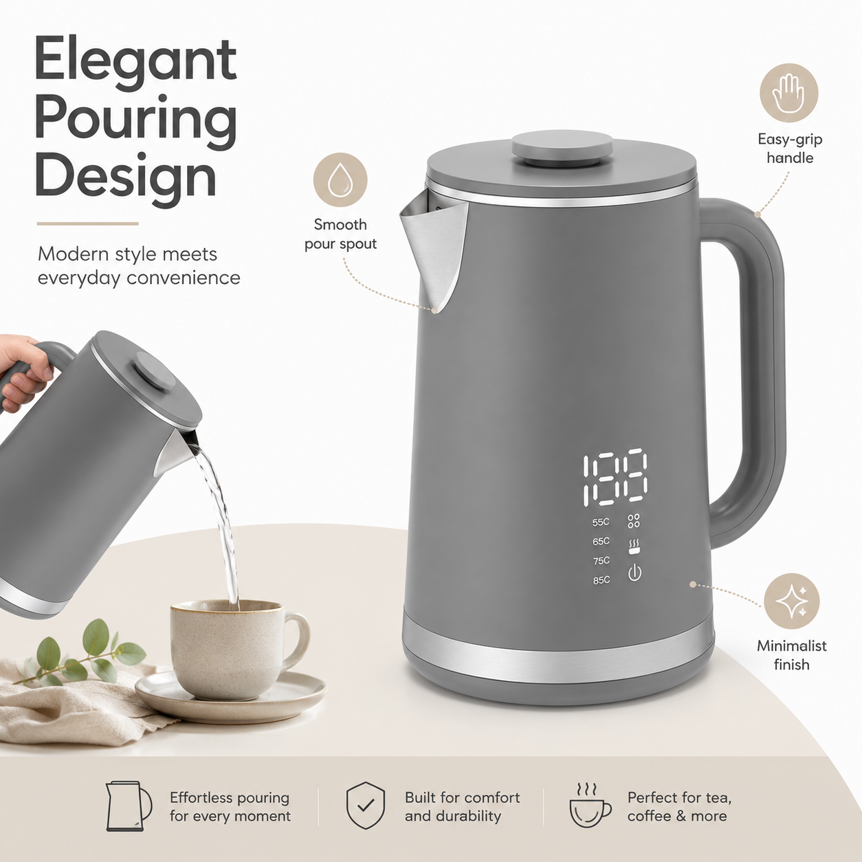 Gray electric kettle, 1.7L stainless steel kettle, 1500W rapid heating, with LED display, adjustable temperature, double-walled anti-scalding design, automatic power-off function, black.