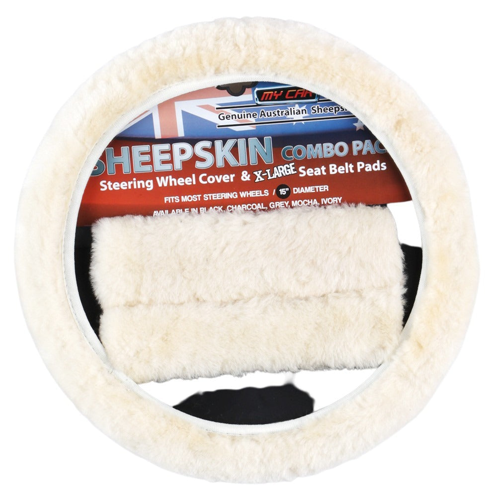 Sheepskin Steering Wheel Cover & Seat Belt Pads Combo Luxury - Ivory