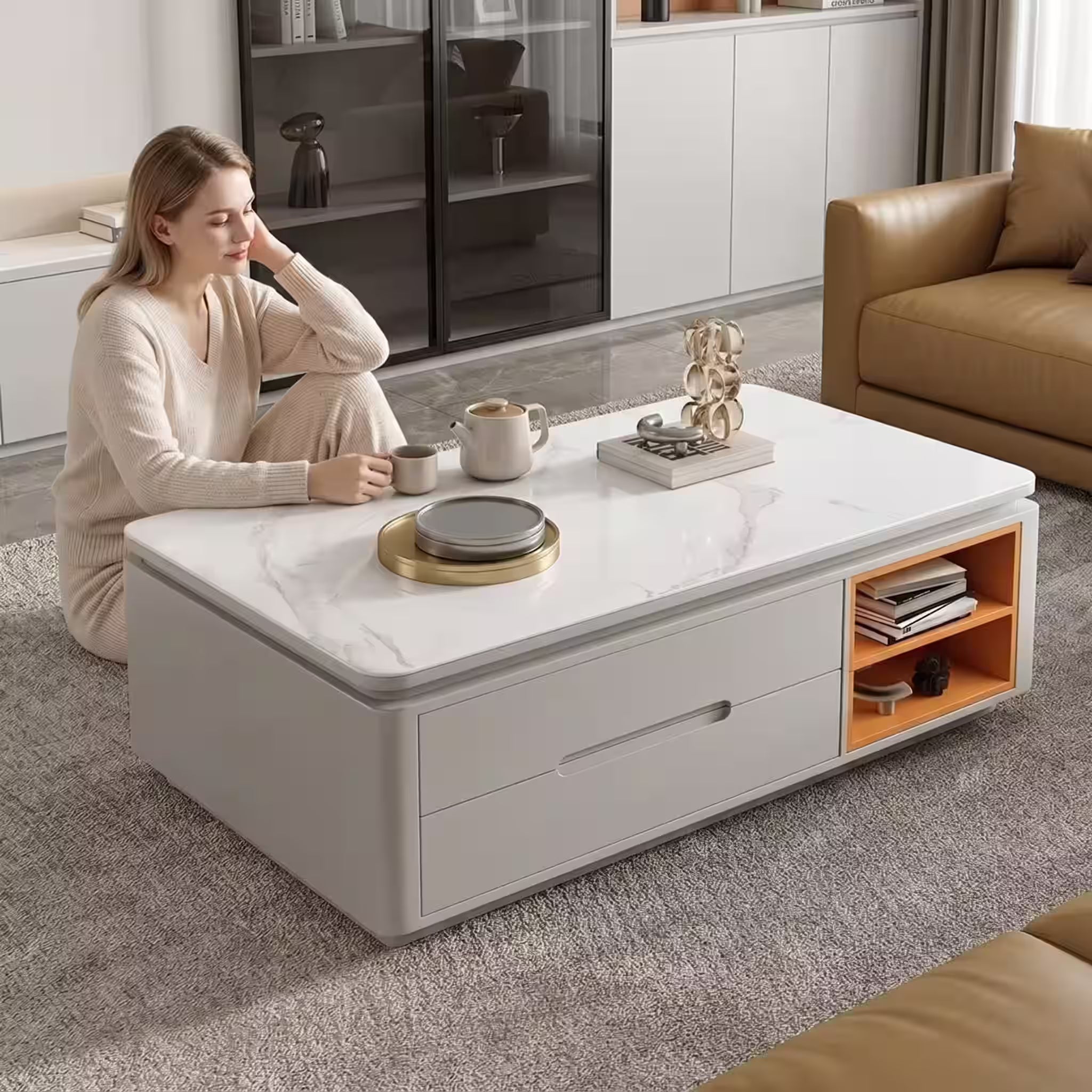 Sintered Stone Coffee Table 12mm – Cream Minimalist with Smart Storage 120cm