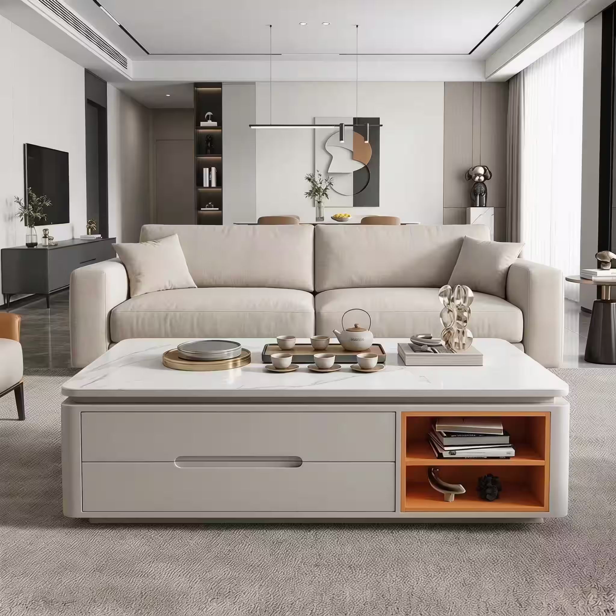 Sintered Stone Coffee Table 12mm – Cream Minimalist with Smart Storage 120cm
