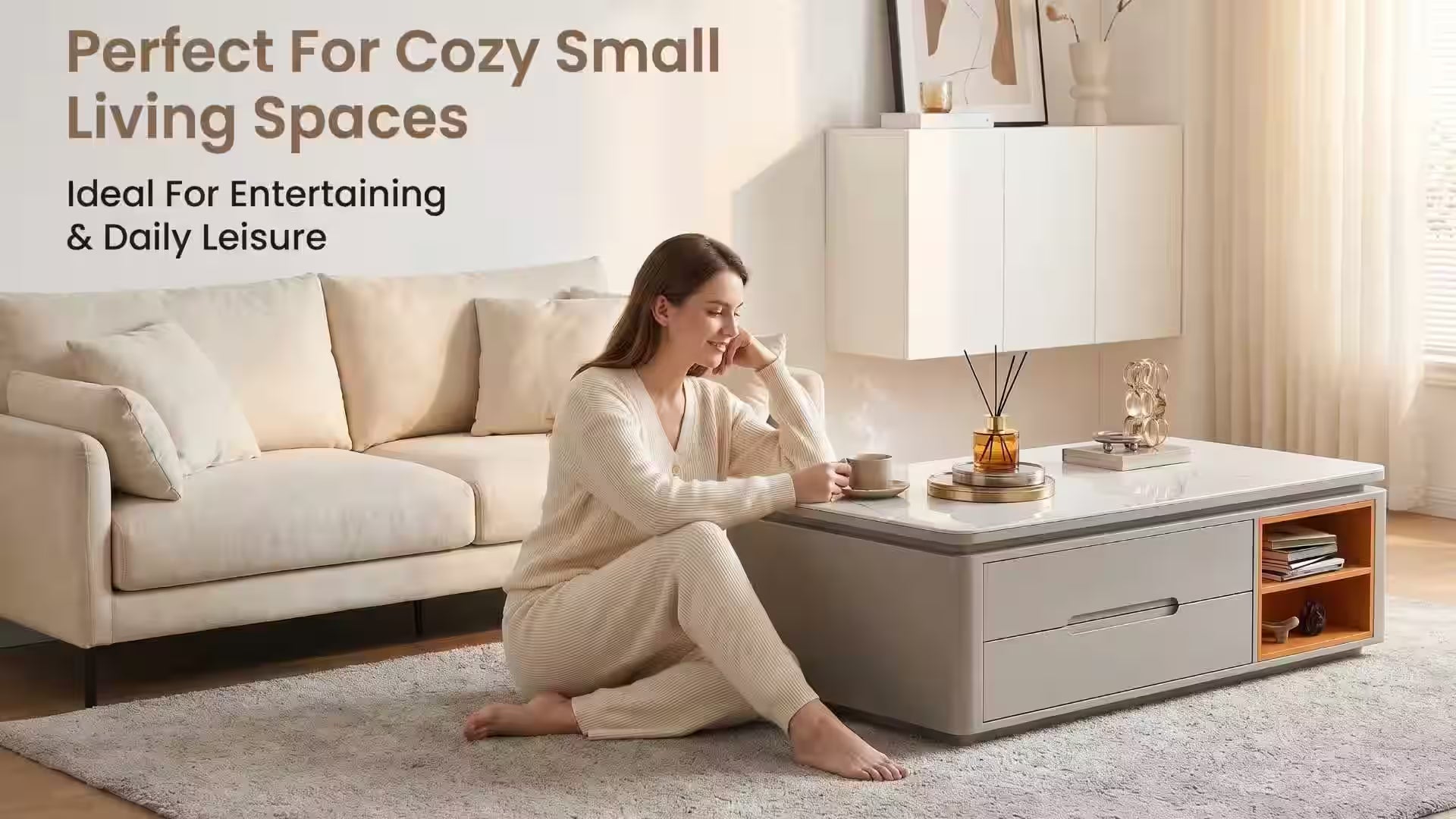 Sintered Stone Coffee Table 12mm – Cream Minimalist with Smart Storage 130cm