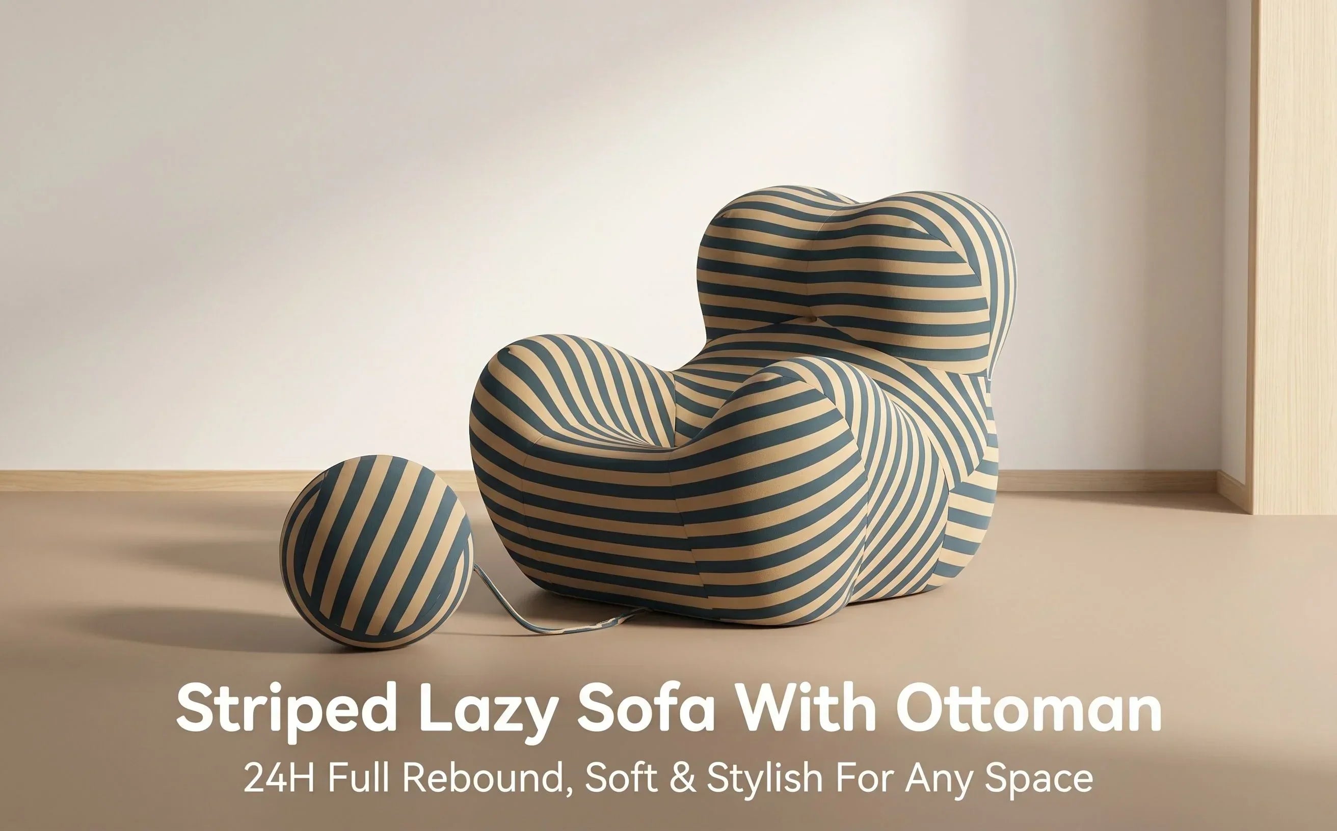 Striped Lazy Sofa with Ottoman – Ice Silk Fabric, Compressed Rebound Design