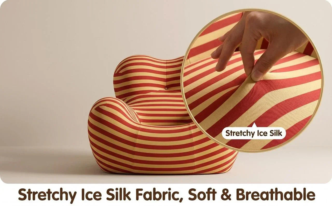 Striped Lazy Sofa with Ottoman – Red Yellow Ice Silk, Compressed Rebound Design
