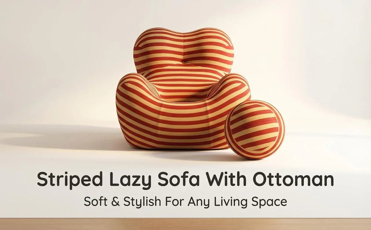 Striped Lazy Sofa with Ottoman – Red Yellow Ice Silk, Compressed Rebound Design