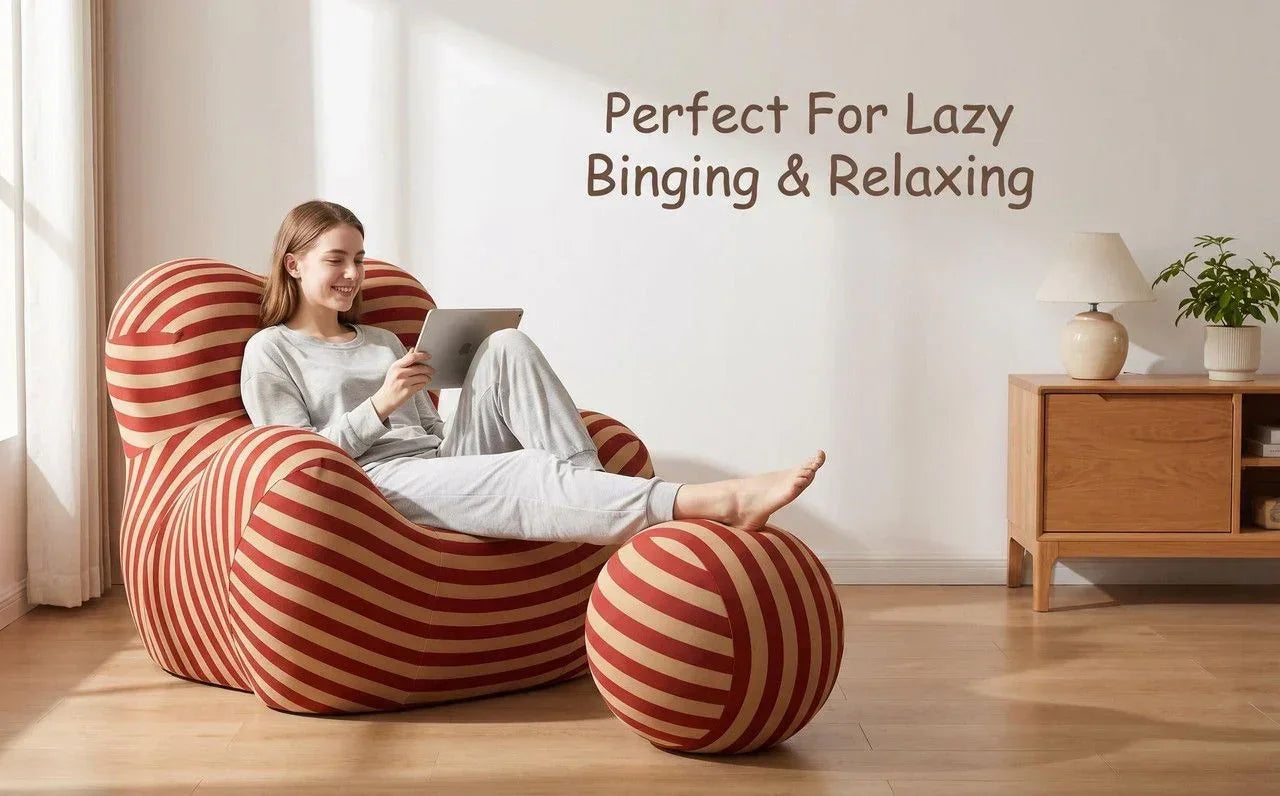 Striped Lazy Sofa with Ottoman – Red Yellow Ice Silk, Compressed Rebound Design