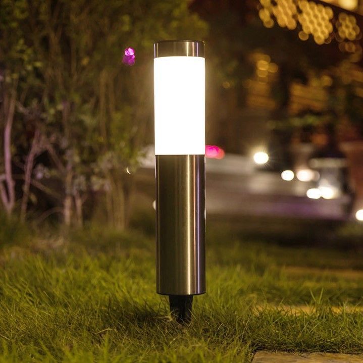 Short Solar Stainless Steel Cylinder Lawn Light, Waterproof LED Walkway Lamp For Home Yard, Silver Cool White, 37x6cm, Compact Balcony Decor Gift