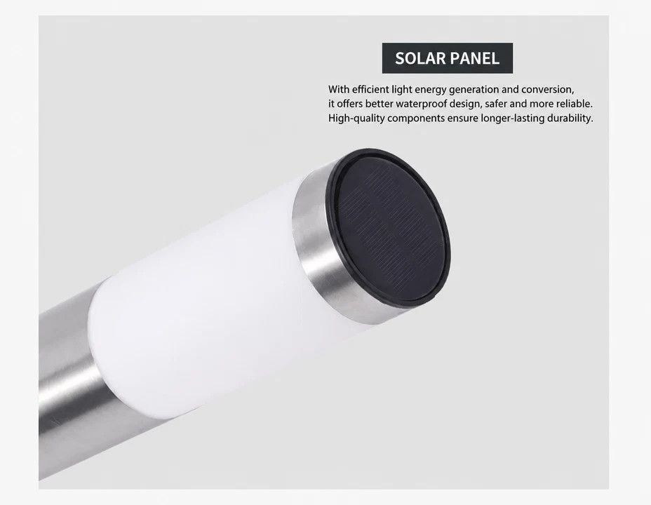 Small Cylindrical Solar Yard Light, Water Resistant Stainless Steel LED Villa Lamp, Silver Warm White, 37x6cm, Elegant Garden Housewarming Gift