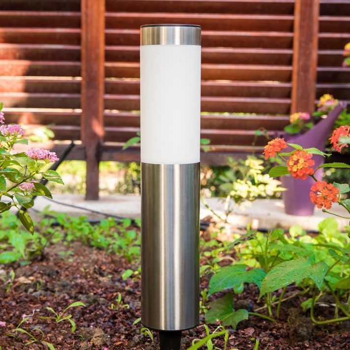 Small Cylindrical Solar Yard Light, Water Resistant Stainless Steel LED Villa Lamp, Silver Warm White, 37x6cm, Elegant Garden Housewarming Gift