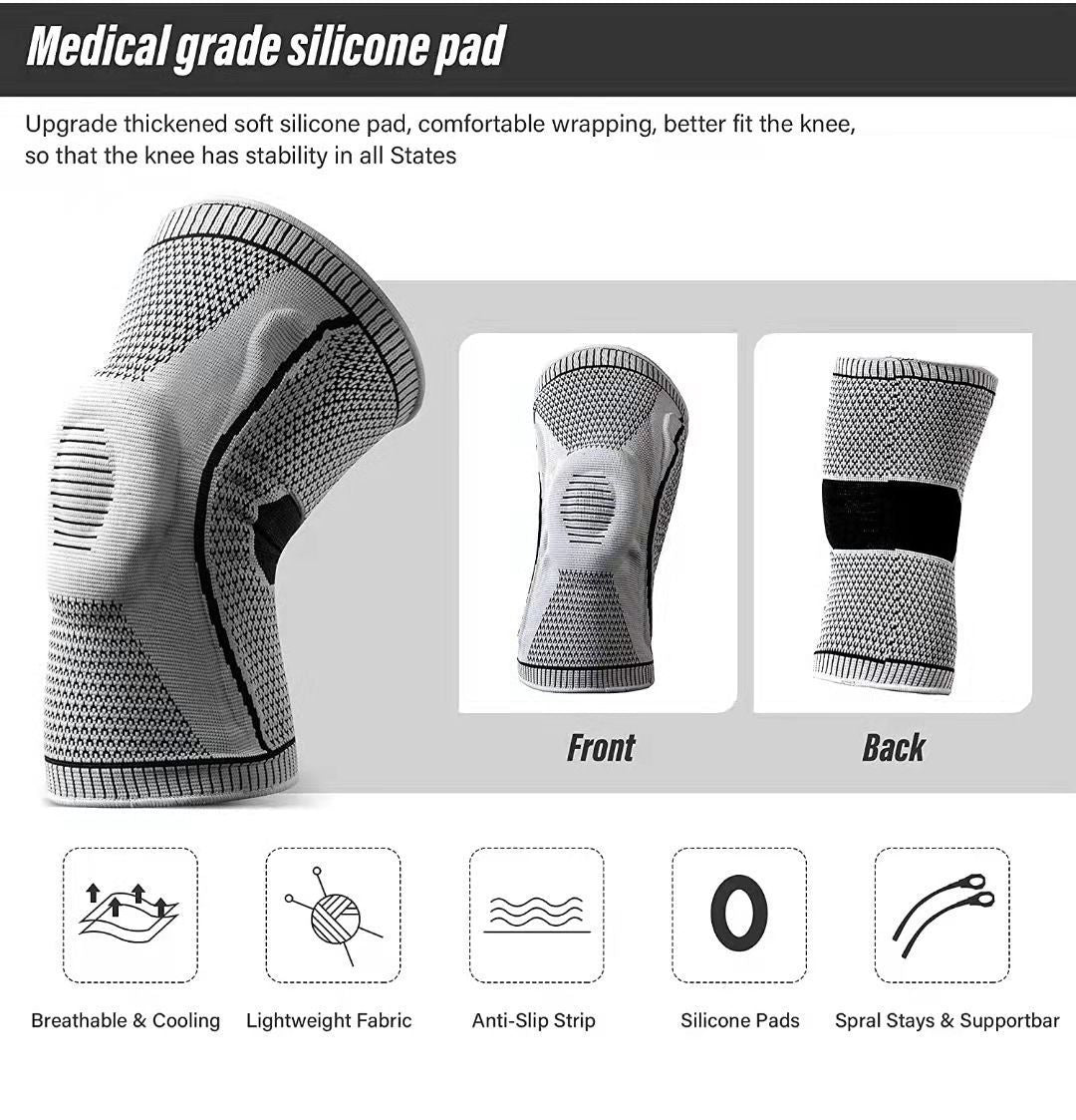 Silicone Anti-Slip Sports Knee Sleeve, Impact Resistant Nylon Knee Support For Running, Basketball & Cycling, Grey, Size M, Sold As A Pair, Reliable Protective Fitness Gear For Joint Support