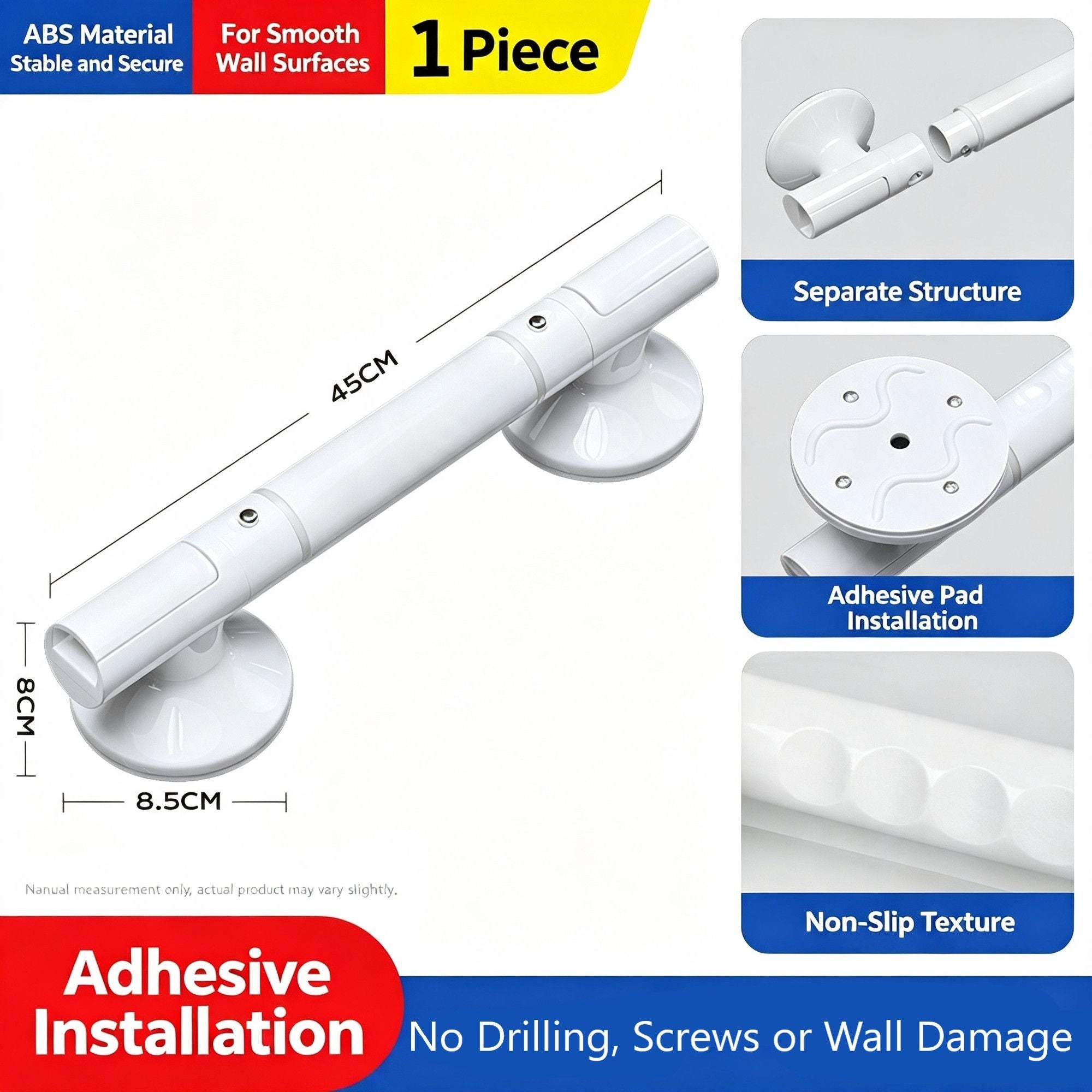 Drill-Free Bathroom Safety Grab Rail, Anti-Slip Toilet Support Handle With Removable Design, White, 35cm, Installed With Adhesive Putty, Reliable Shower Balance Assist Bar