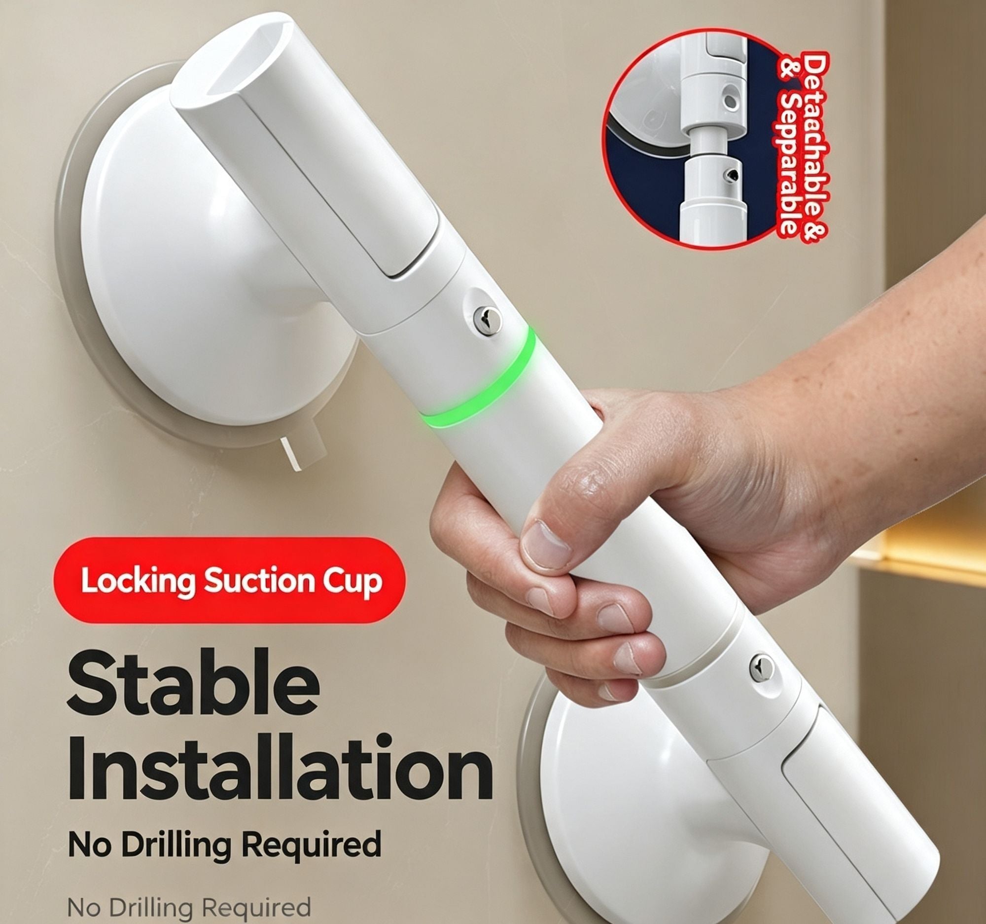 Suction Cup Bathroom Safety Handle, Removable Anti-Slip Grab Rail For Shower & Toilet, White, Easy Install Portable Balance Support Bar