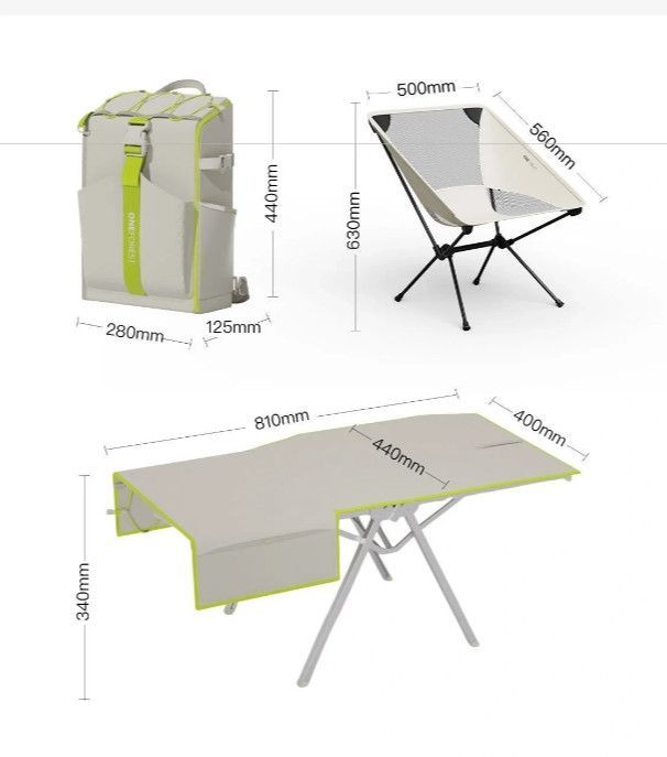 ONEFOREST Ultralight 4-Piece Camping Set, Modao New Green with Storage Bag, Aluminum Table Frame & 2 Moon Chairs, Foldable Outdoor Gear for Picnic Hiking Travel, Christmas Holiday Gift