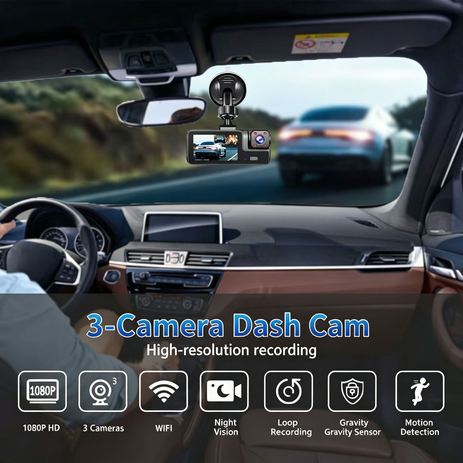 HD Night Vision Car DVR 3 Lens Triple Recording Front Inside Rear Dash Camera Ideal Christmas Gift