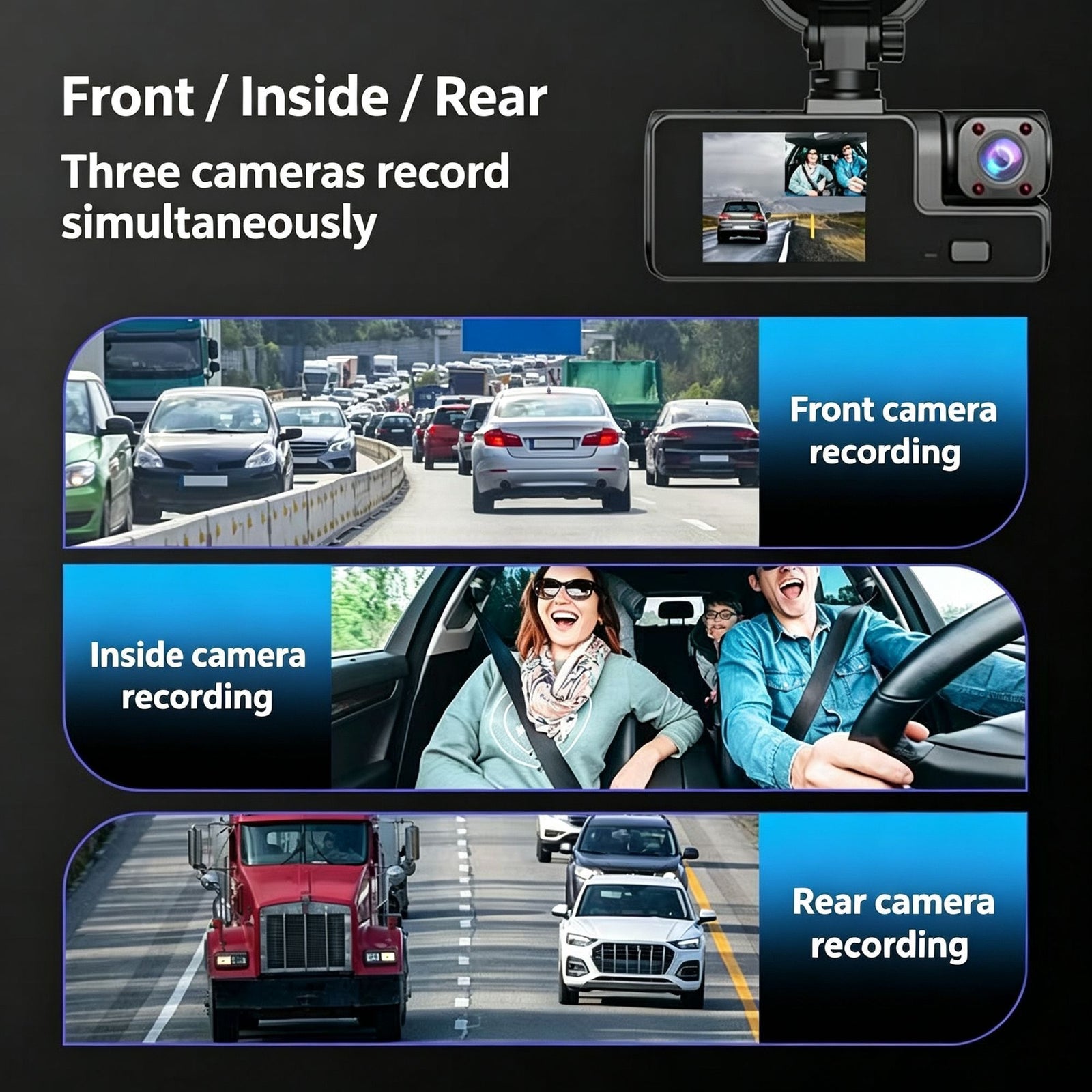 Night Vision 3 Channel Car Dash Cam Triple Record Front Cabin Rear with 32G Card Great Christmas Present
