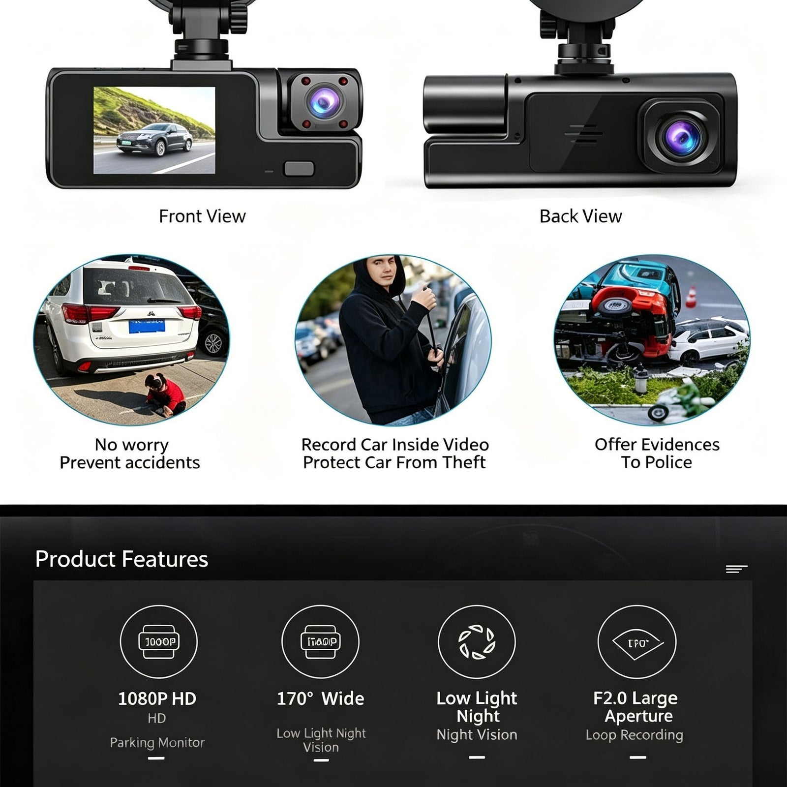 Night Vision 3 Channel Car Dash Cam Triple Record Front Cabin Rear with 32G Card Great Christmas Present