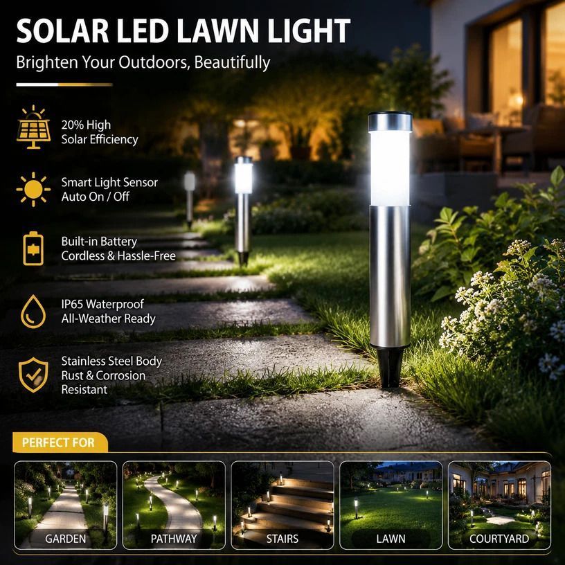 Large Silver Cool White Solar LED Stainless Steel Lawn Light