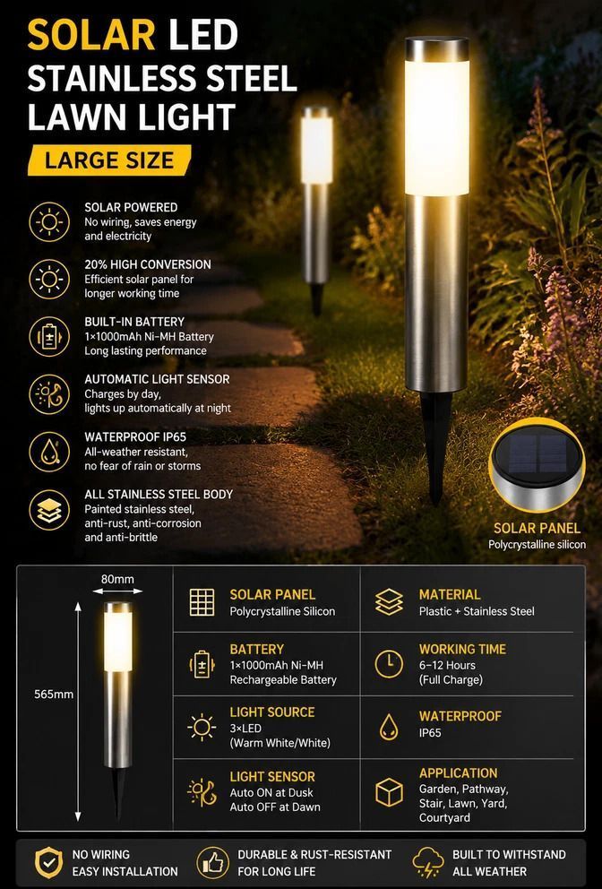 Large Black Warm White Solar LED Outdoor Garden Light