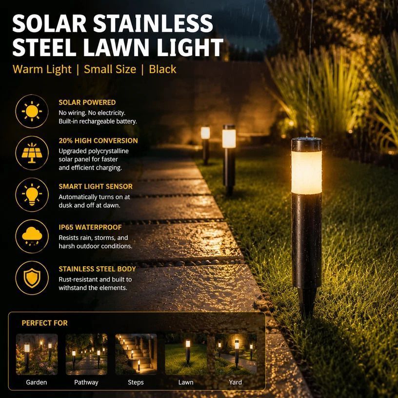 Small Black Warm White Solar LED Stainless Steel Lawn Light