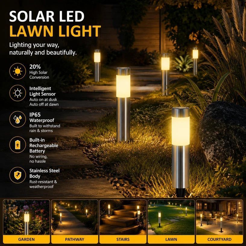 Small Silver Warm White Solar LED Stainless Steel Yard Light