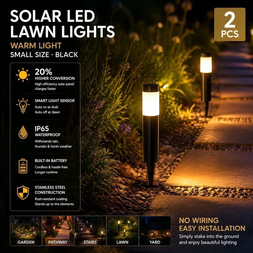 Small Black Warm White Solar LED Lawn Light 2Pcs