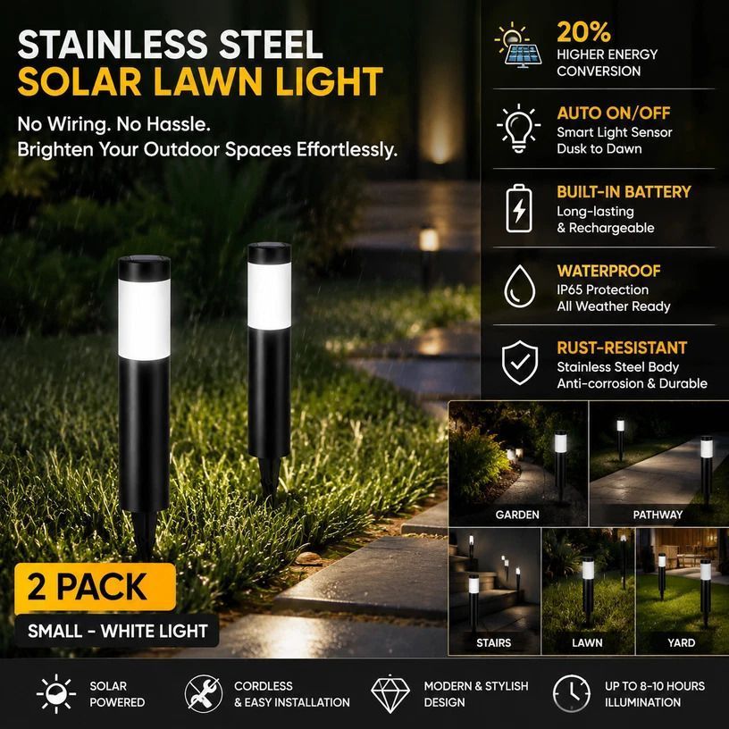 Small Black Cool White Solar LED Path Light 2Pcs