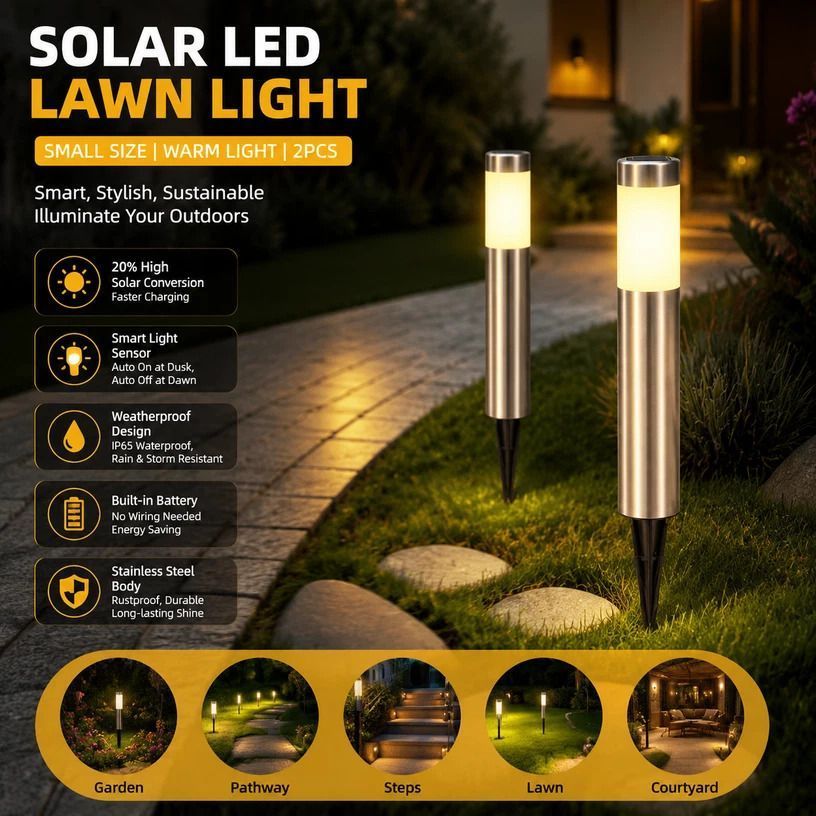Small Silver Warm White Solar LED Yard Light 2Pcs