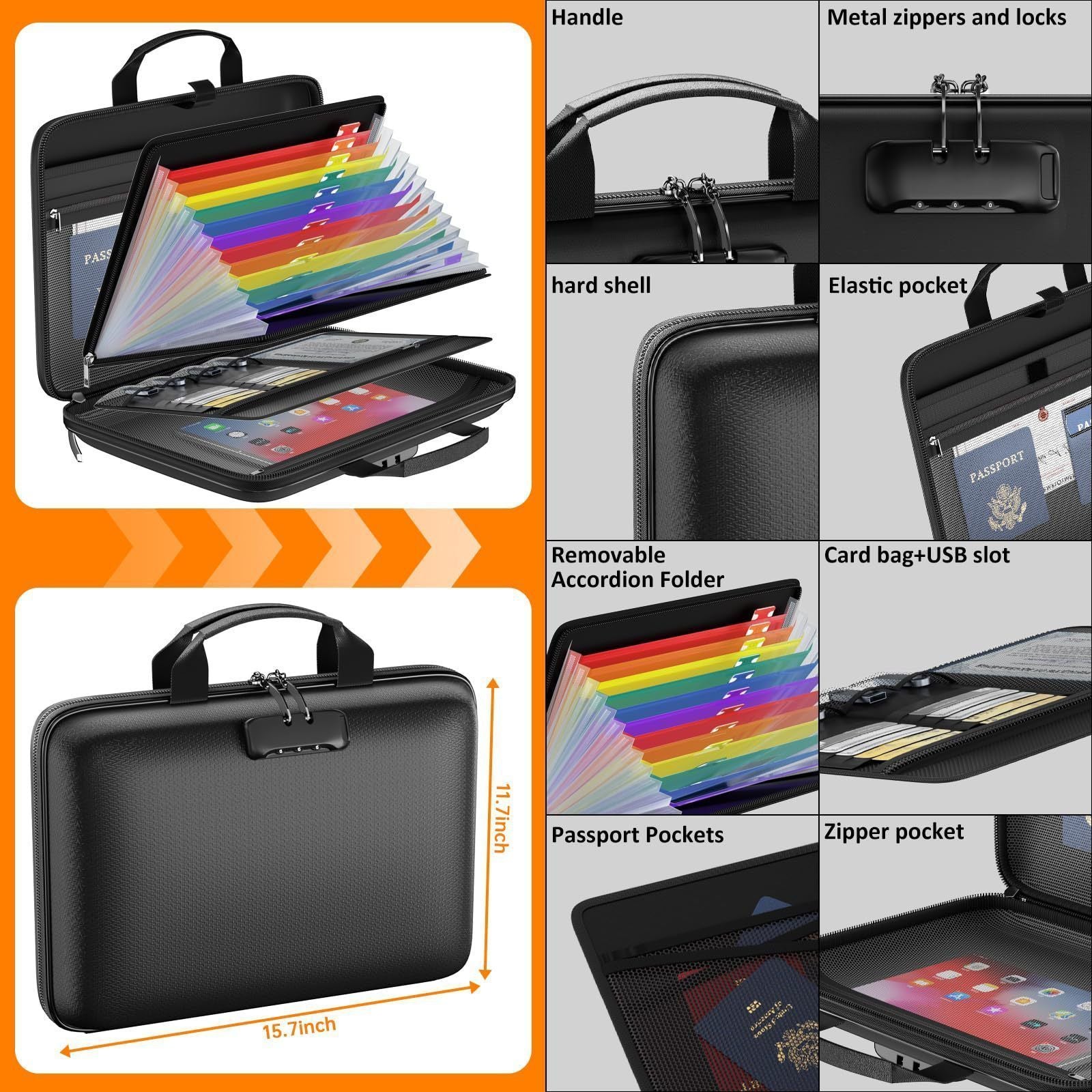 Fireproof Expanding File Folder A4 Document Organizer Portable Handheld File Bag, Christmas Office Gift, 38x28x9