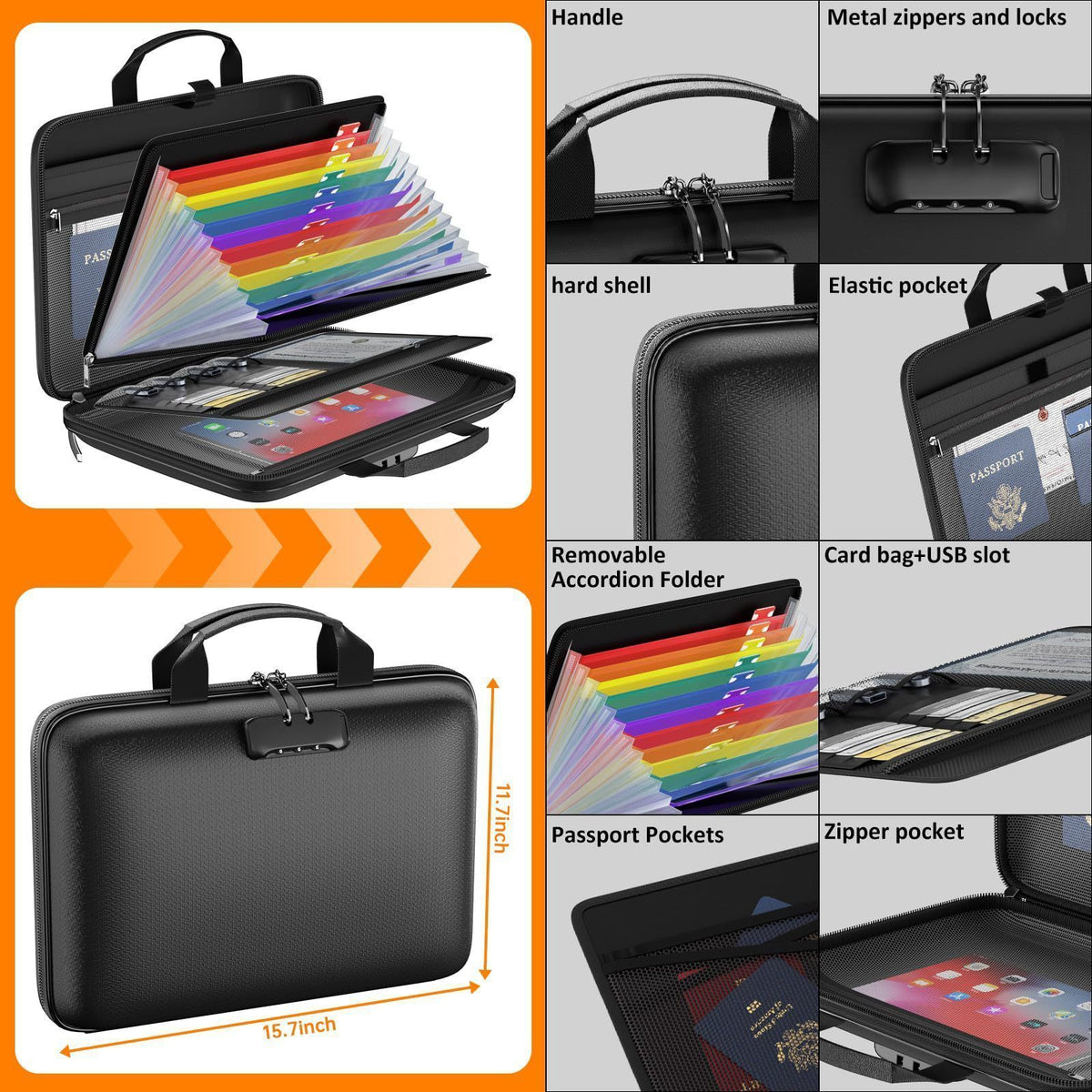 Fireproof Expanding File Folder A4 Document Organizer Portable Handheld File Bag, Christmas Office Gift, 38x28x9